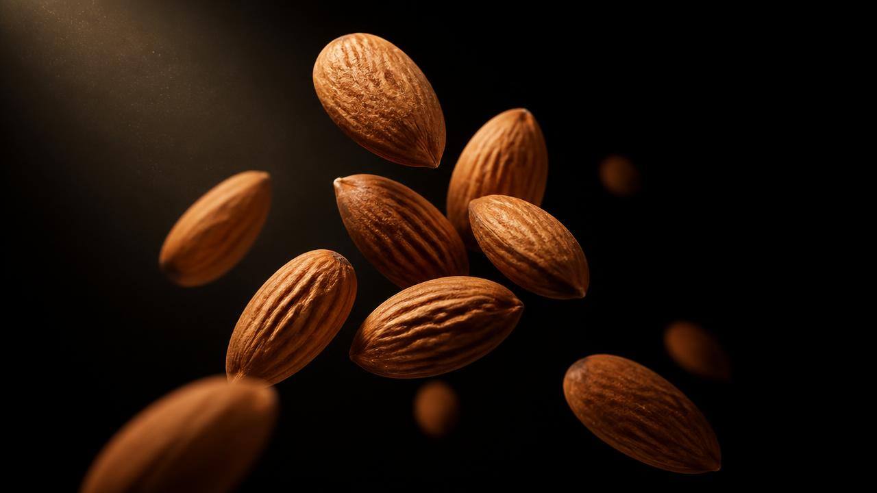 Almonds photographed against a dark studio background