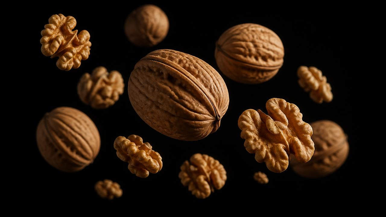 Walnuts photographed against a dark studio background