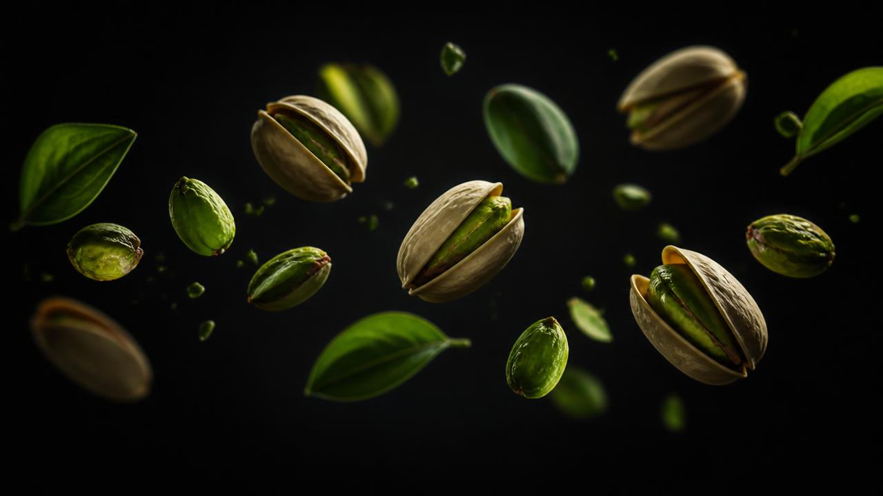 Pistachios photographed against a dark studio background
